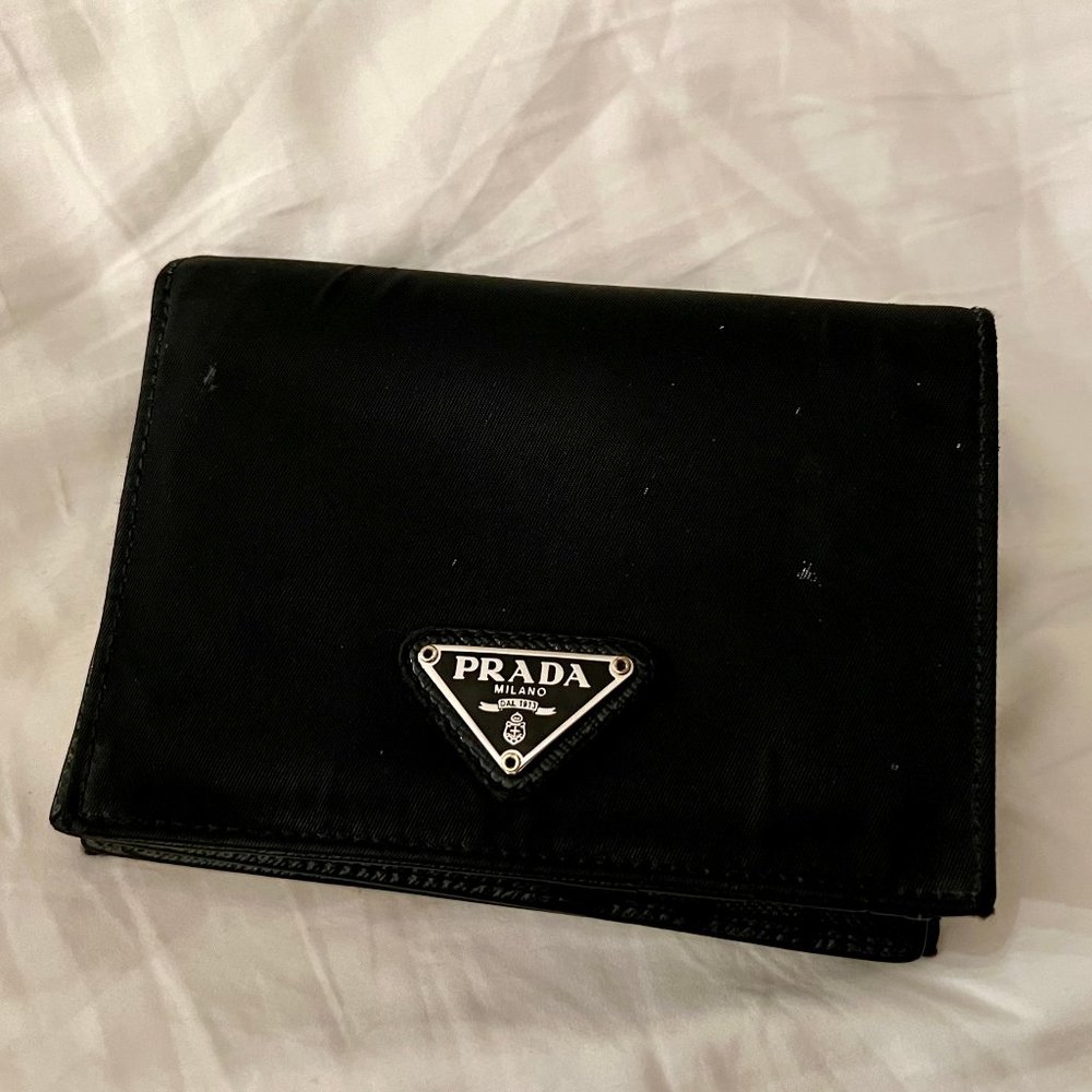 PRADA Milano Triangle Logo Bi-fold Nylon Wallet Black